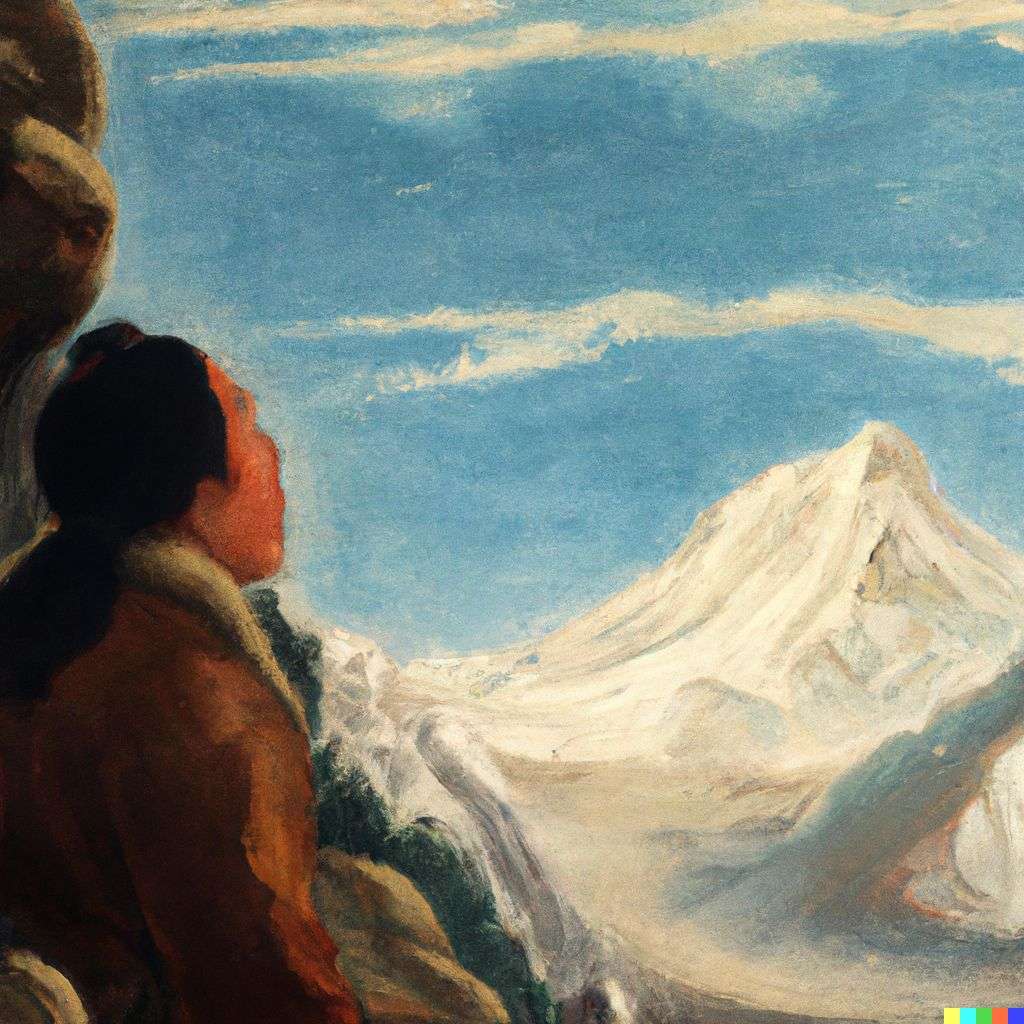 someone gazing at Mount Everest, painting from the 15th century